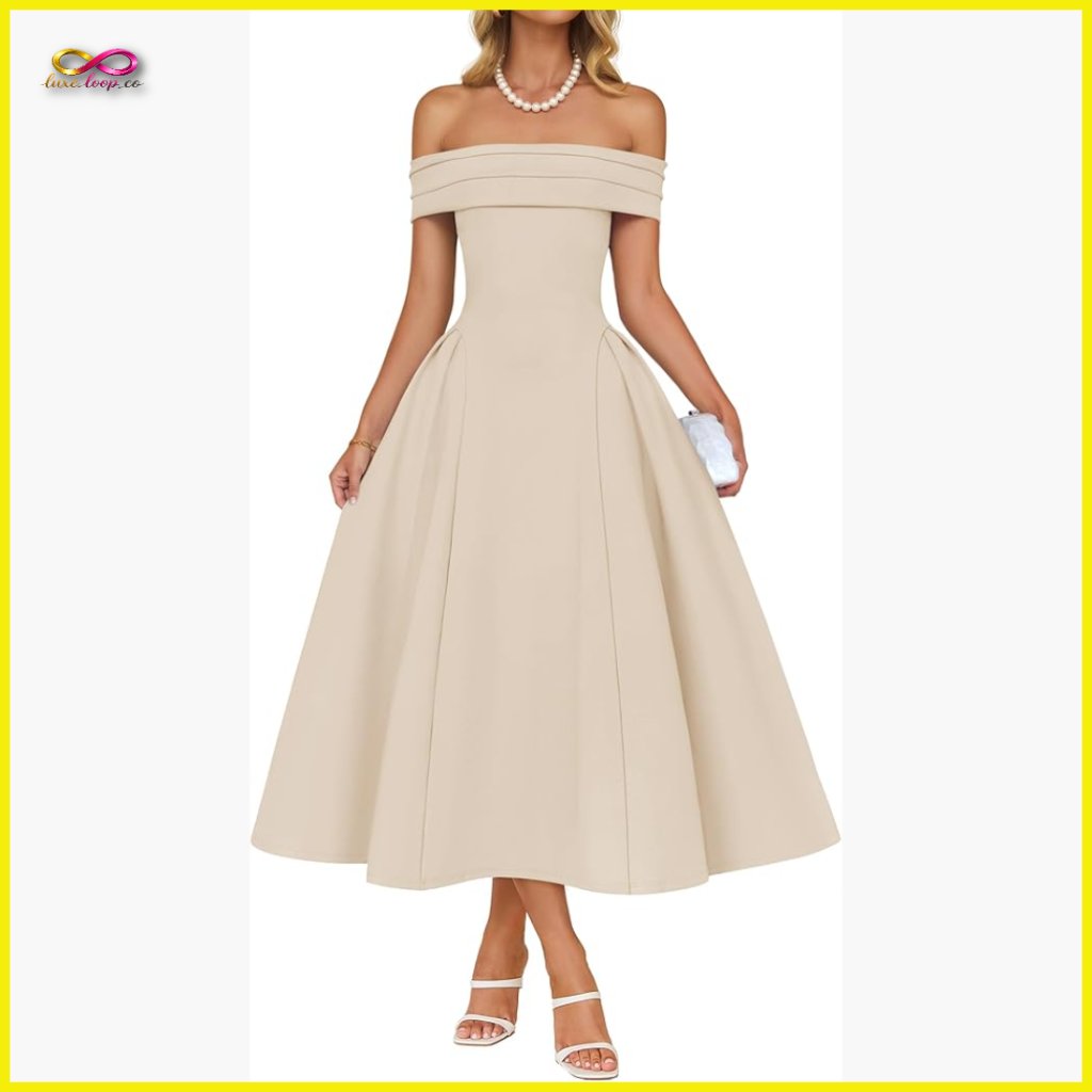 Elegant Off Shoulder Cocktail Dress Midi Swing A Line Wedding Party Evening